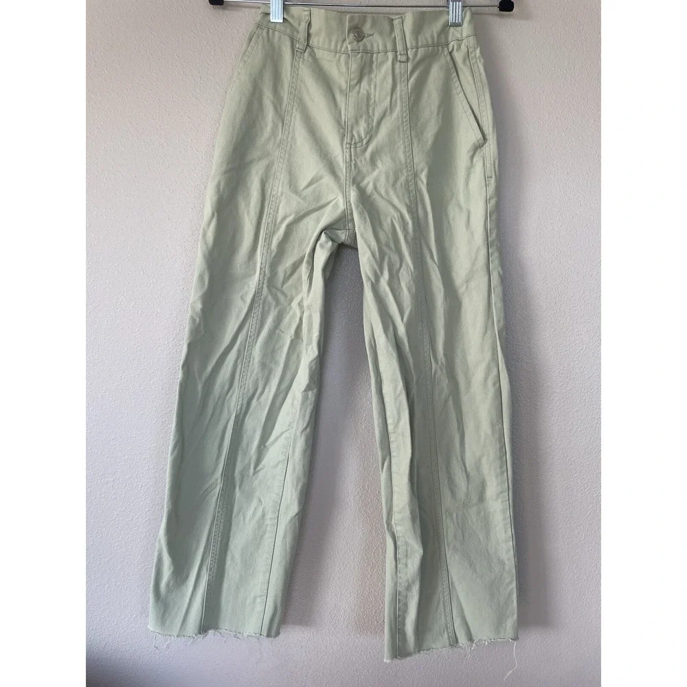 Forever 21 Light Green High Rise Wide Leg Casual Pants Women's‎ XS Fray Hem